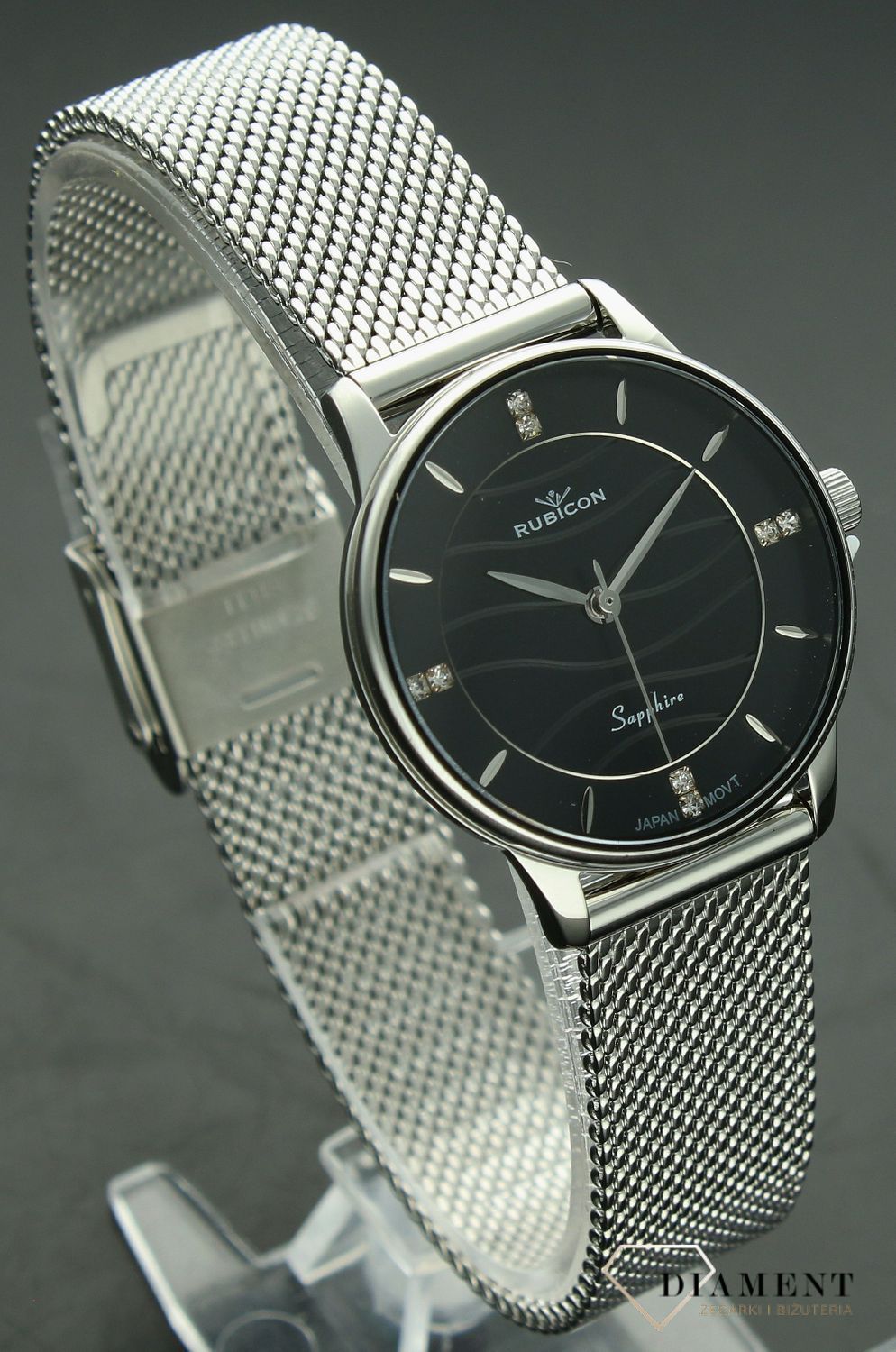 Zegarek damski Rubicon z szafirowym szkłem RNBE35 z falowaną czarną tarczą RNBE35 fala srebrny-czarn.jpg